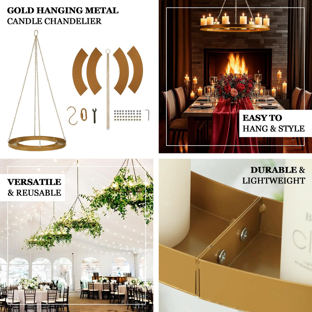 Gold Hanging Metal Floral Chandelier Frame - 32" Circular Lighting, Candle and Floral Display Base - Bell Racket Store