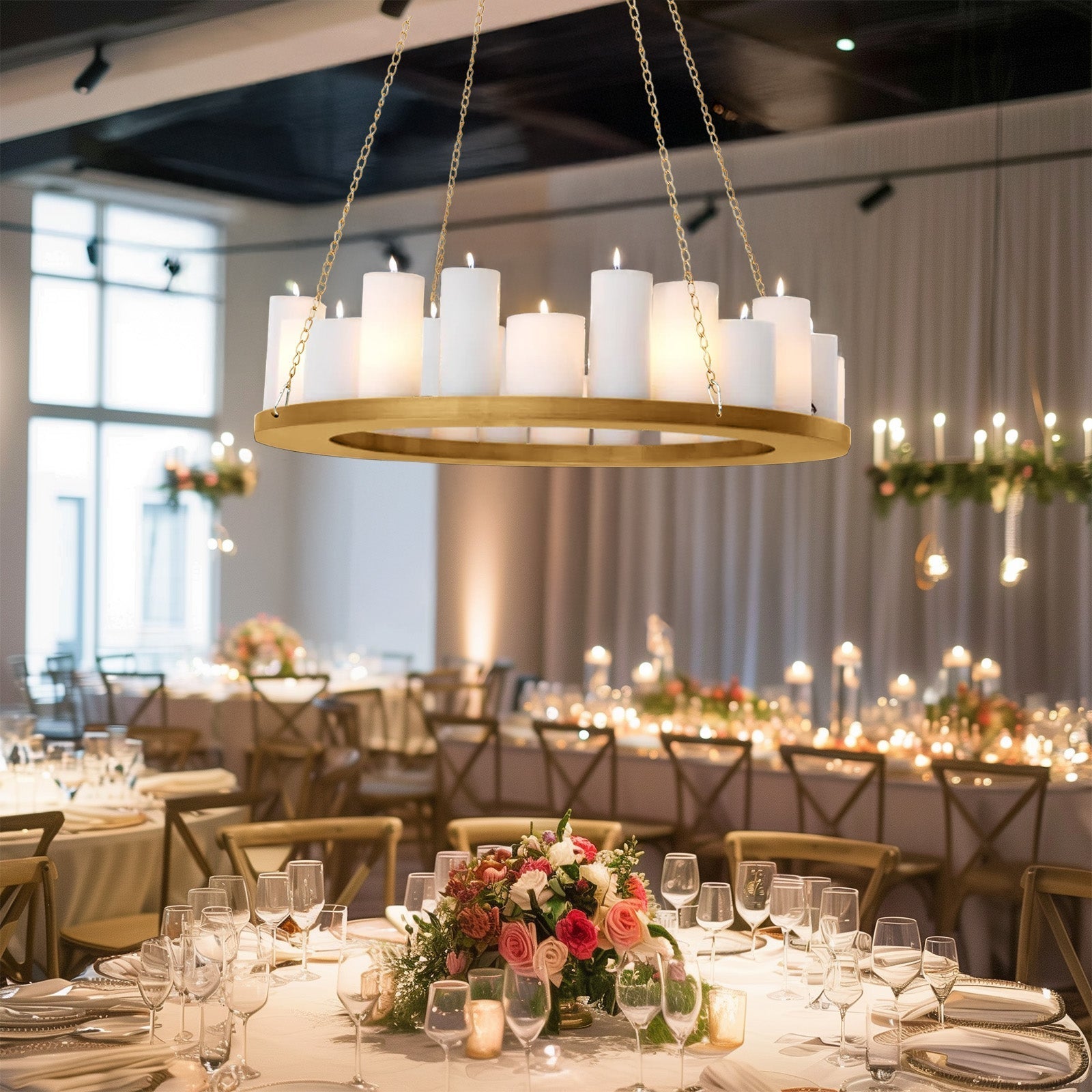 Gold Hanging Metal Floral Chandelier Frame - 32" Circular Lighting, Candle and Floral Display Base - Bell Racket Store