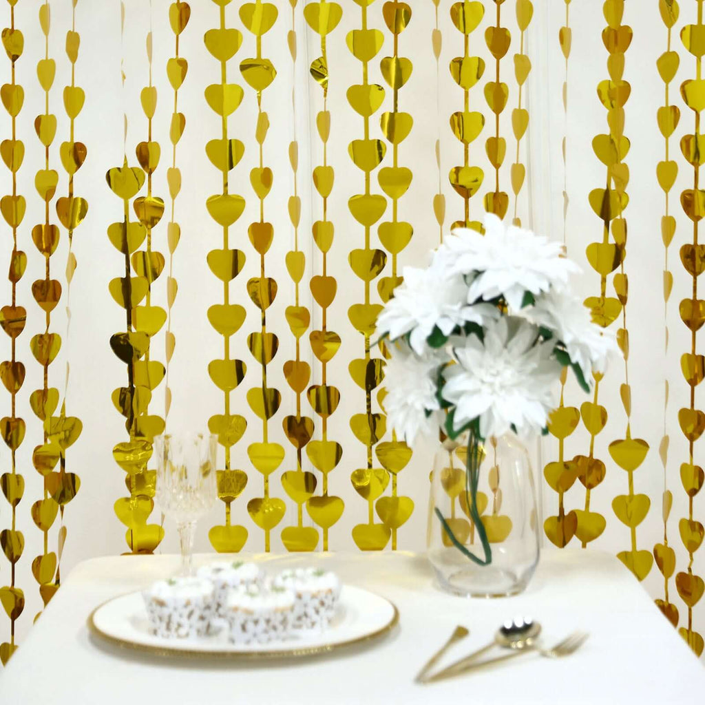 Gold Heart Chain Foil Fringe Curtain Party Backdrop, Metallic Gold Tinsel Streamer Party Decor - Door Window Foil Curtain - 3ftx6.5ft - Bell Racket Store