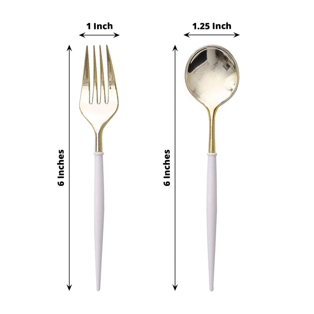 24-Pack Plastic Fork and Spoon Set Gold/Ivory - Heavy Duty Disposable Modern Utensils 6"