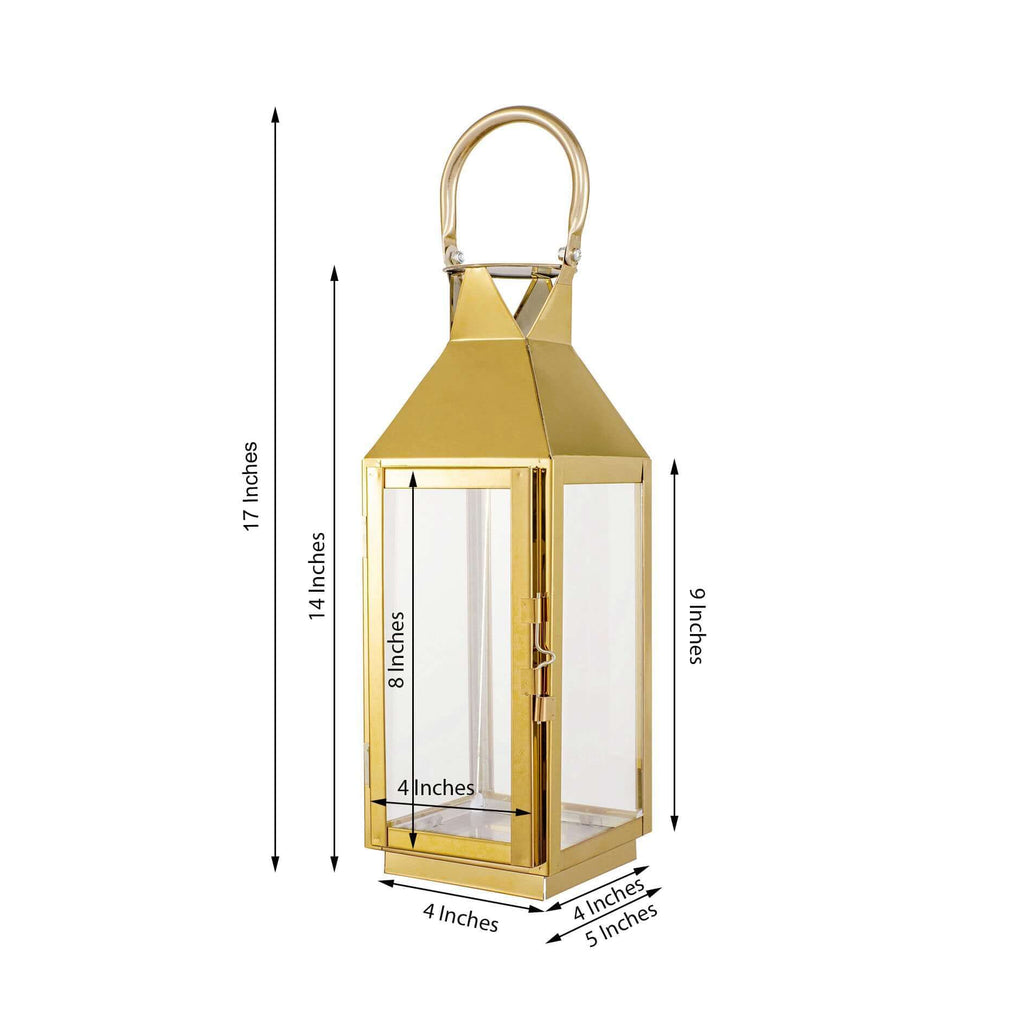 Stainless Steel Candle Lantern Crown Top Design Gold - Outdoor Metal Patio Lantern Centerpiece 14"