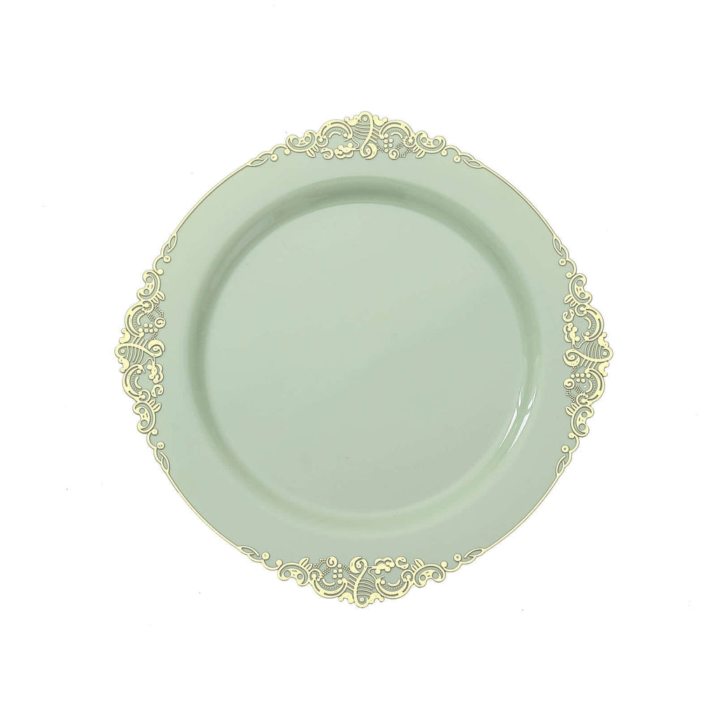 10-Pack Plastic 10" Round Dinner Plates in Sage Green with Gold Leaf Embossed Rim - Disposable Vintage Baroque Style Plates