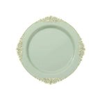 10-Pack Plastic 10" Round Dinner Plates in Sage Green with Gold Leaf Embossed Rim - Disposable Vintage Baroque Style Plates