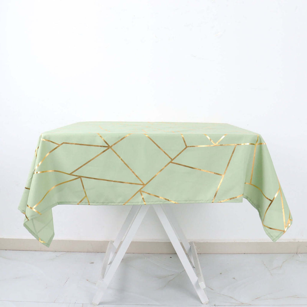 Polyester 54"x54" Square Tablecloth Sage Green with Gold Foil Geometric Pattern - Wrinkle-Resistant & Durable for Stylish Settings