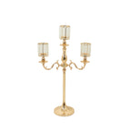 Gold Metal 3 - Arm Candelabra with Crystal Pendant Glass Shades â€“ 34" Tall Candle Holder for Pillar, LED, and Flameless Candles - Bell Racket Store