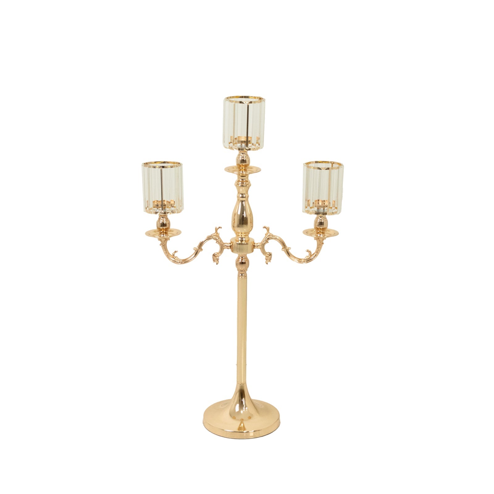 Gold Metal 3 - Arm Candelabra with Crystal Pendant Glass Shades â€“ 34" Tall Candle Holder for Pillar, LED, and Flameless Candles - Bell Racket Store