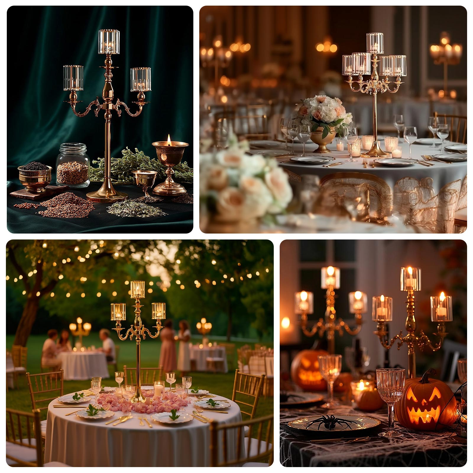 Gold Metal 3 - Arm Candelabra with Crystal Pendant Glass Shades â€“ 34" Tall Candle Holder for Pillar, LED, and Flameless Candles - Bell Racket Store