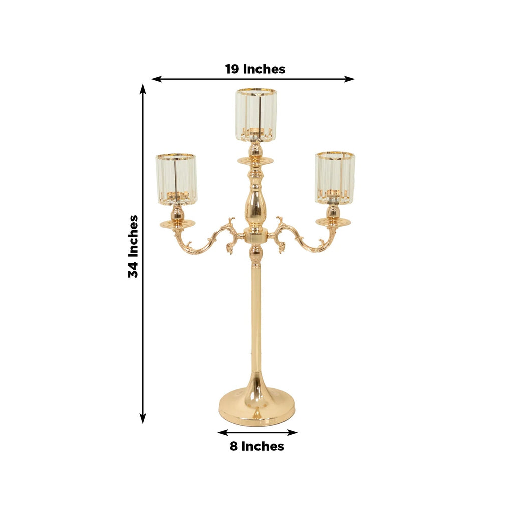 Gold Metal 3 - Arm Candelabra with Crystal Pendant Glass Shades â€“ 34" Tall Candle Holder for Pillar, LED, and Flameless Candles - Bell Racket Store