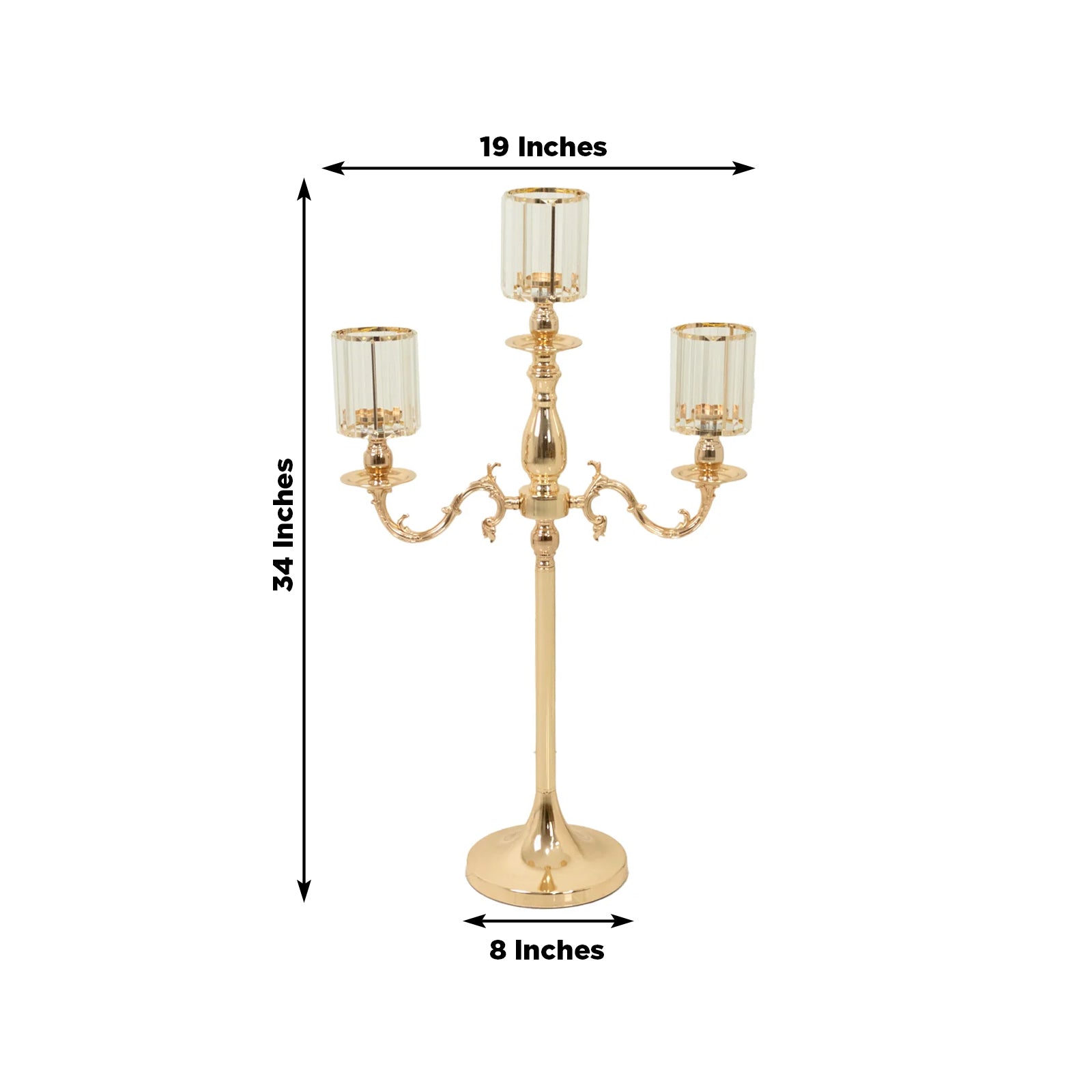Gold Metal 3 - Arm Candelabra with Crystal Pendant Glass Shades â€“ 34" Tall Candle Holder for Pillar, LED, and Flameless Candles - Bell Racket Store