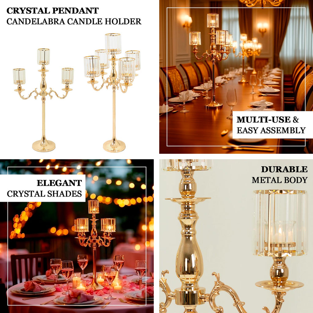 Gold Metal 3 - Arm Candelabra with Crystal Pendant Glass Shades â€“ 34" Tall Candle Holder for Pillar, LED, and Flameless Candles - Bell Racket Store