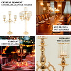 Gold Metal 3 - Arm Candelabra with Crystal Pendant Glass Shades â€“ 34" Tall Candle Holder for Pillar, LED, and Flameless Candles - Bell Racket Store