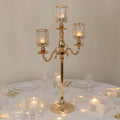 Gold Metal 3 - Arm Candelabra with Crystal Pendant Glass Shades â€“ 34" Tall Candle Holder for Pillar, LED, and Flameless Candles - Bell Racket Store
