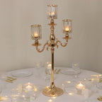Gold Metal 3 - Arm Candelabra with Crystal Pendant Glass Shades â€“ 34" Tall Candle Holder for Pillar, LED, and Flameless Candles - Bell Racket Store