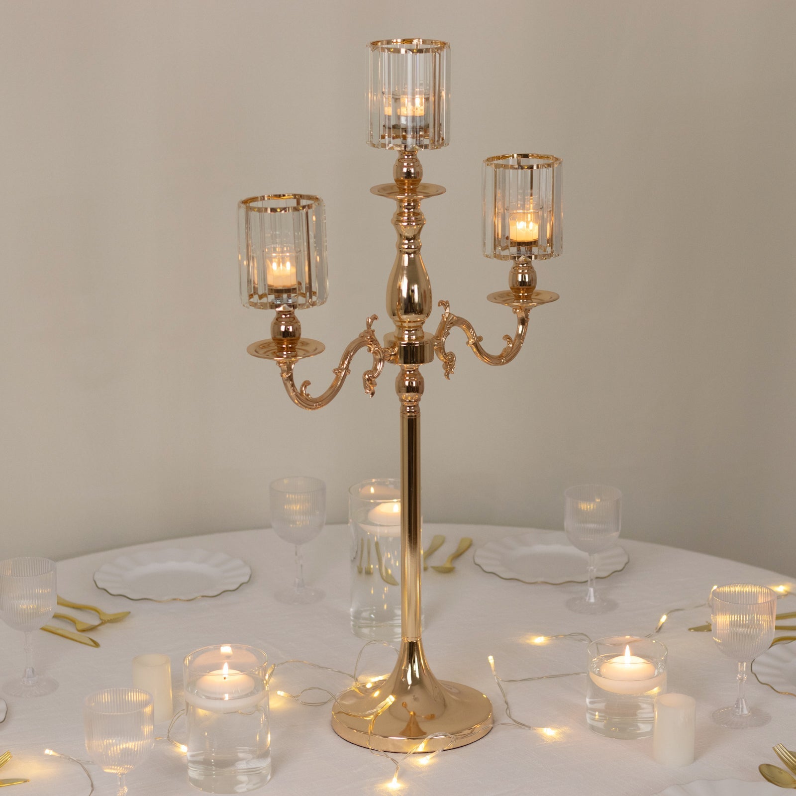 Gold Metal 3 - Arm Candelabra with Crystal Pendant Glass Shades â€“ 34" Tall Candle Holder for Pillar, LED, and Flameless Candles - Bell Racket Store