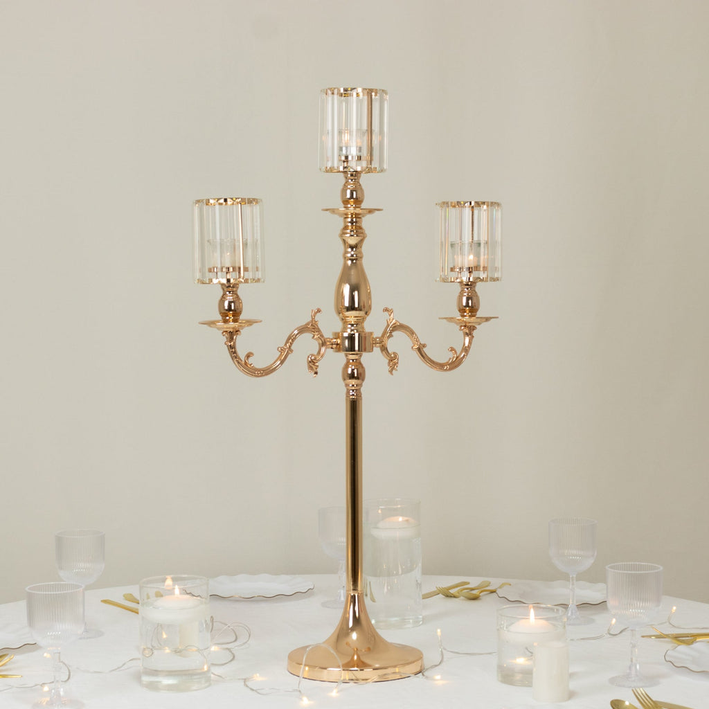 Gold Metal 3 - Arm Candelabra with Crystal Pendant Glass Shades â€“ 34" Tall Candle Holder for Pillar, LED, and Flameless Candles - Bell Racket Store