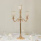 Gold Metal 3 - Arm Candelabra with Crystal Pendant Glass Shades â€“ 34" Tall Candle Holder for Pillar, LED, and Flameless Candles - Bell Racket Store
