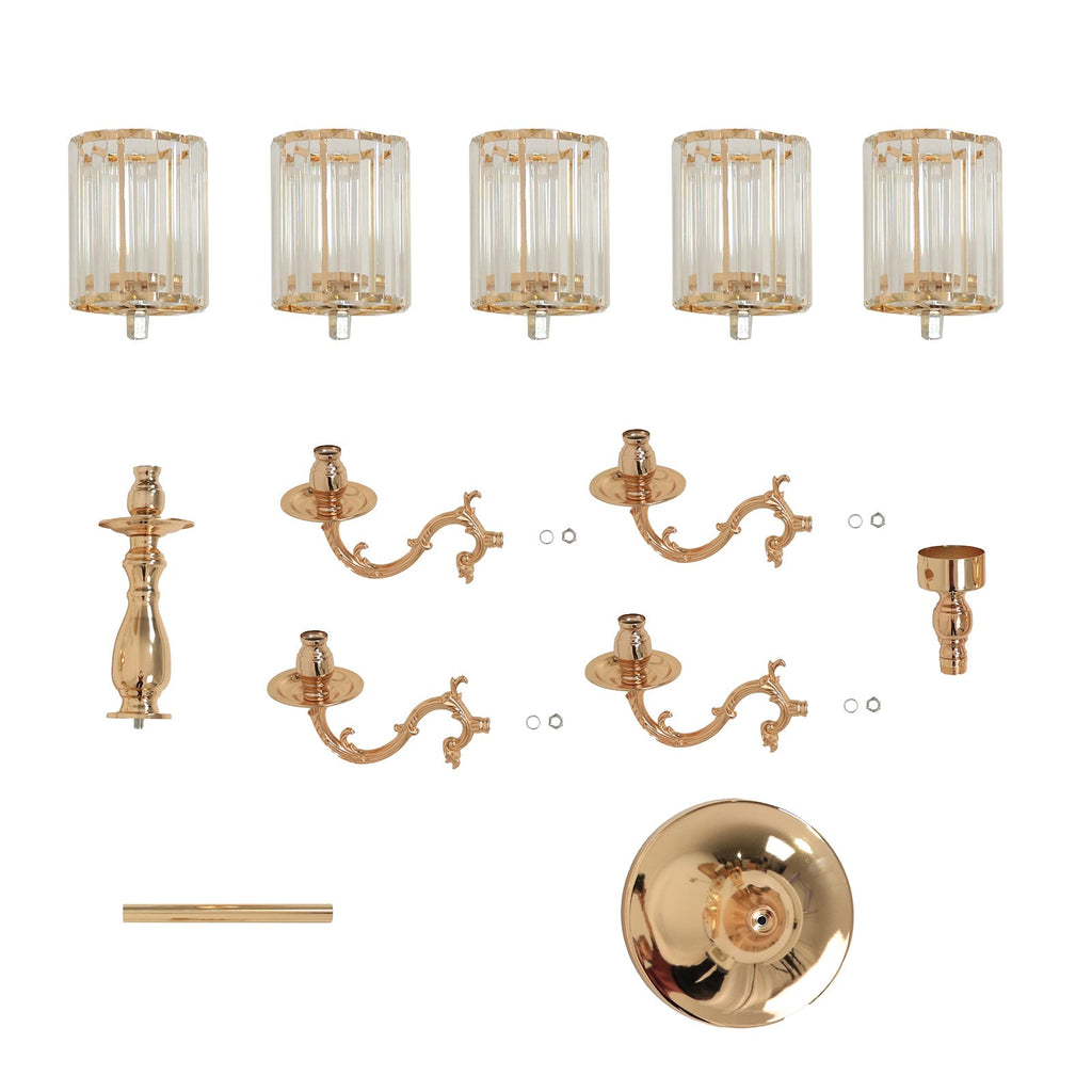 Gold Metal 5 - Arm Candelabra with Crystal Pendant Glass Shades â€“ 40" Tall Candle Holder for Pillar, LED, and Flameless Candles - Bell Racket Store