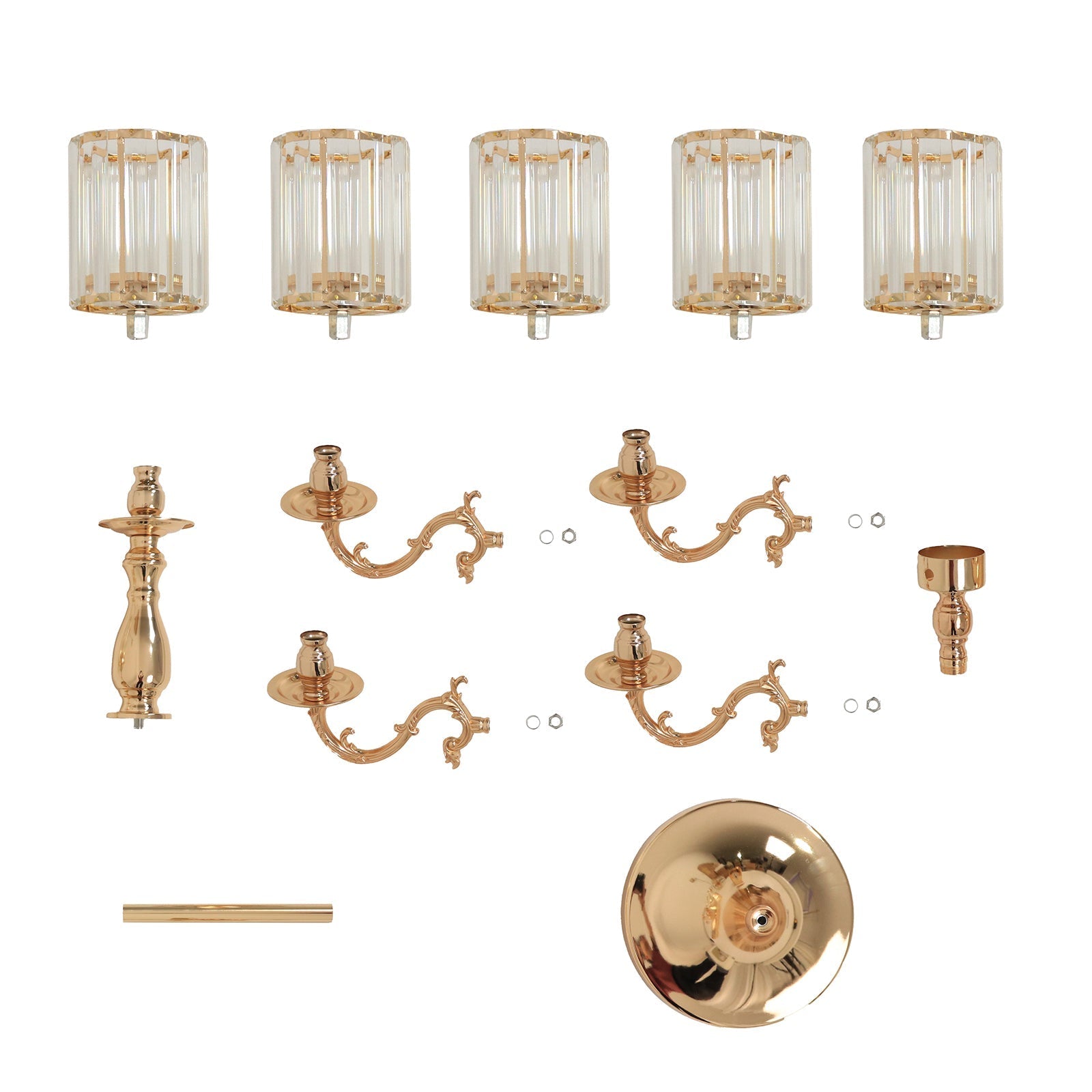 Gold Metal 5 - Arm Candelabra with Crystal Pendant Glass Shades â€“ 40" Tall Candle Holder for Pillar, LED, and Flameless Candles - Bell Racket Store