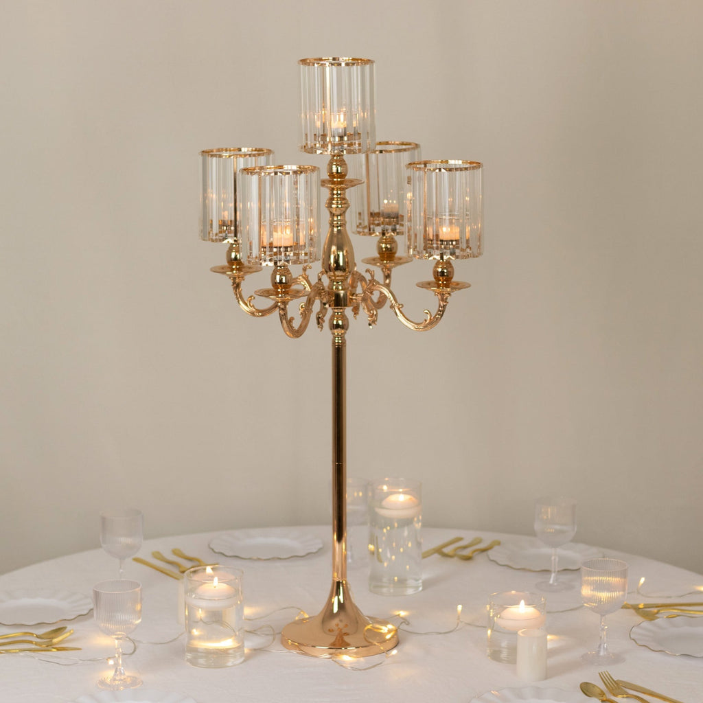 Gold Metal 5 - Arm Candelabra with Crystal Pendant Glass Shades â€“ 40" Tall Candle Holder for Pillar, LED, and Flameless Candles - Bell Racket Store