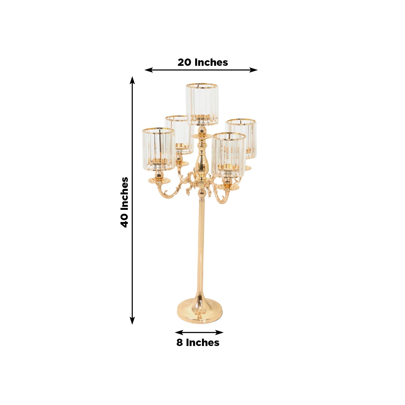 Gold Metal 5 - Arm Candelabra with Crystal Pendant Glass Shades â€“ 40" Tall Candle Holder for Pillar, LED, and Flameless Candles - Bell Racket Store