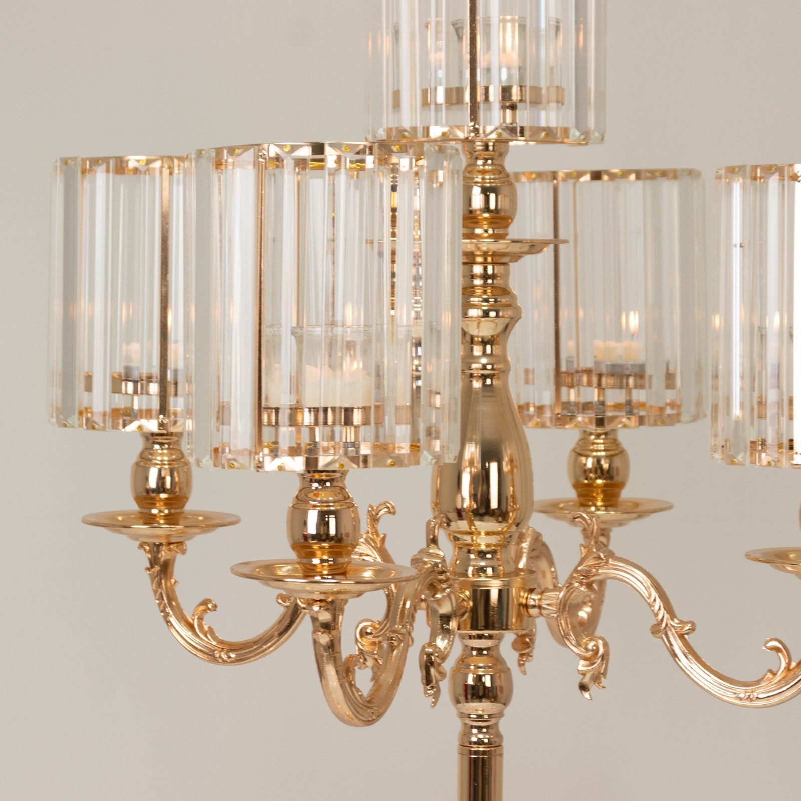 Gold Metal 5 - Arm Candelabra with Crystal Pendant Glass Shades â€“ 40" Tall Candle Holder for Pillar, LED, and Flameless Candles - Bell Racket Store