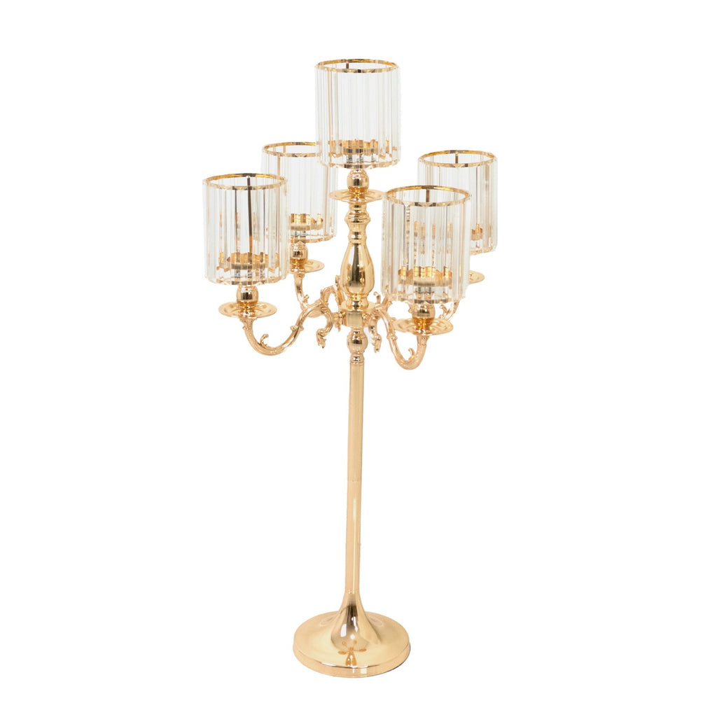 Gold Metal 5 - Arm Candelabra with Crystal Pendant Glass Shades â€“ 40" Tall Candle Holder for Pillar, LED, and Flameless Candles - Bell Racket Store