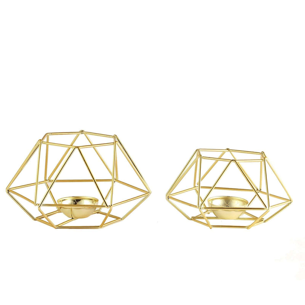 Set of 2 Candle Holders Metal Hexagon Geometric Design Gold - Modern Decorative Centerpieces for Tables 4"x3"