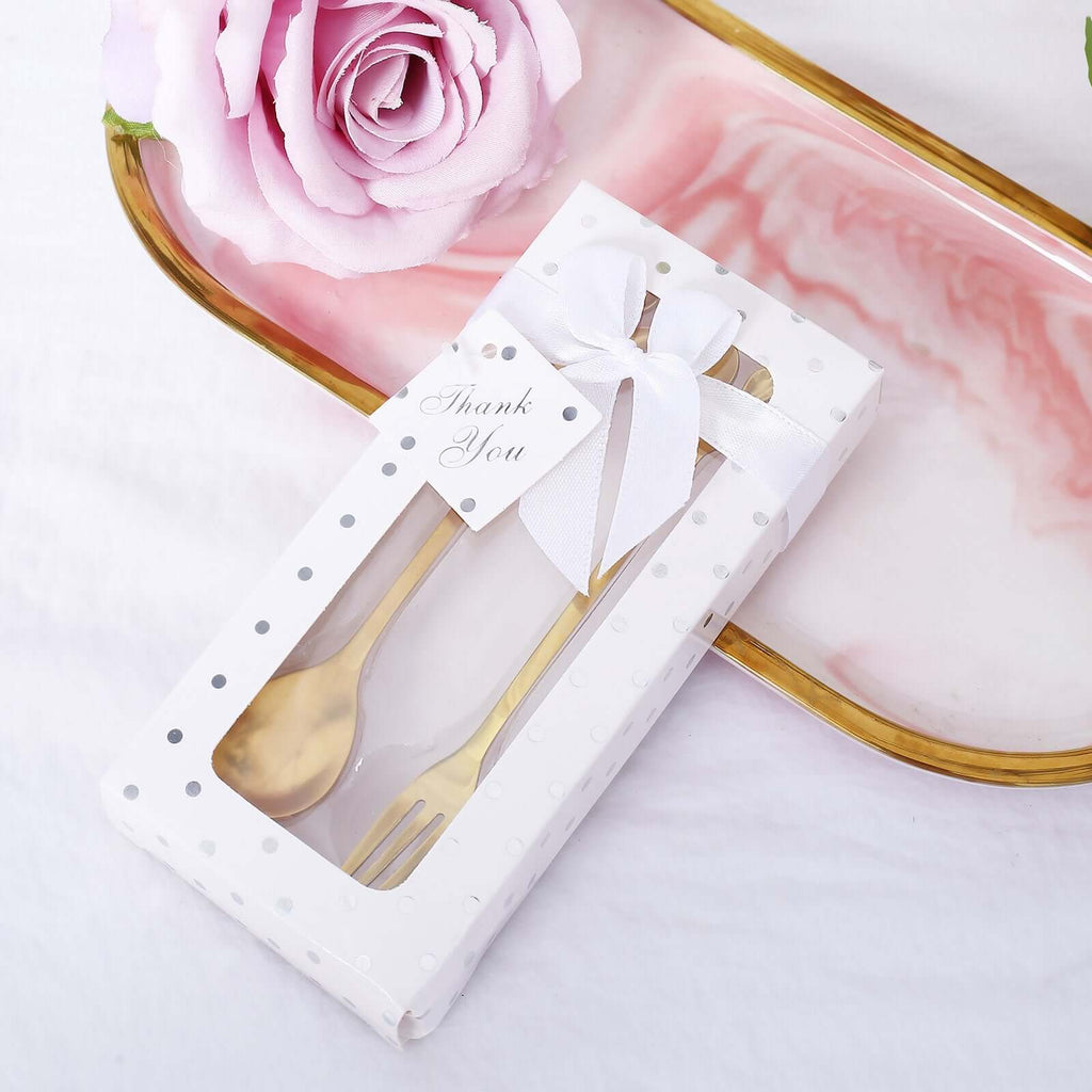 Gold Metal Spoon & Fork Pre - Packed Wedding Party Favors Set With Leaf Shaped Handle, Bridal Shower Souvenir Gift Box - 5" - Bell Racket Store