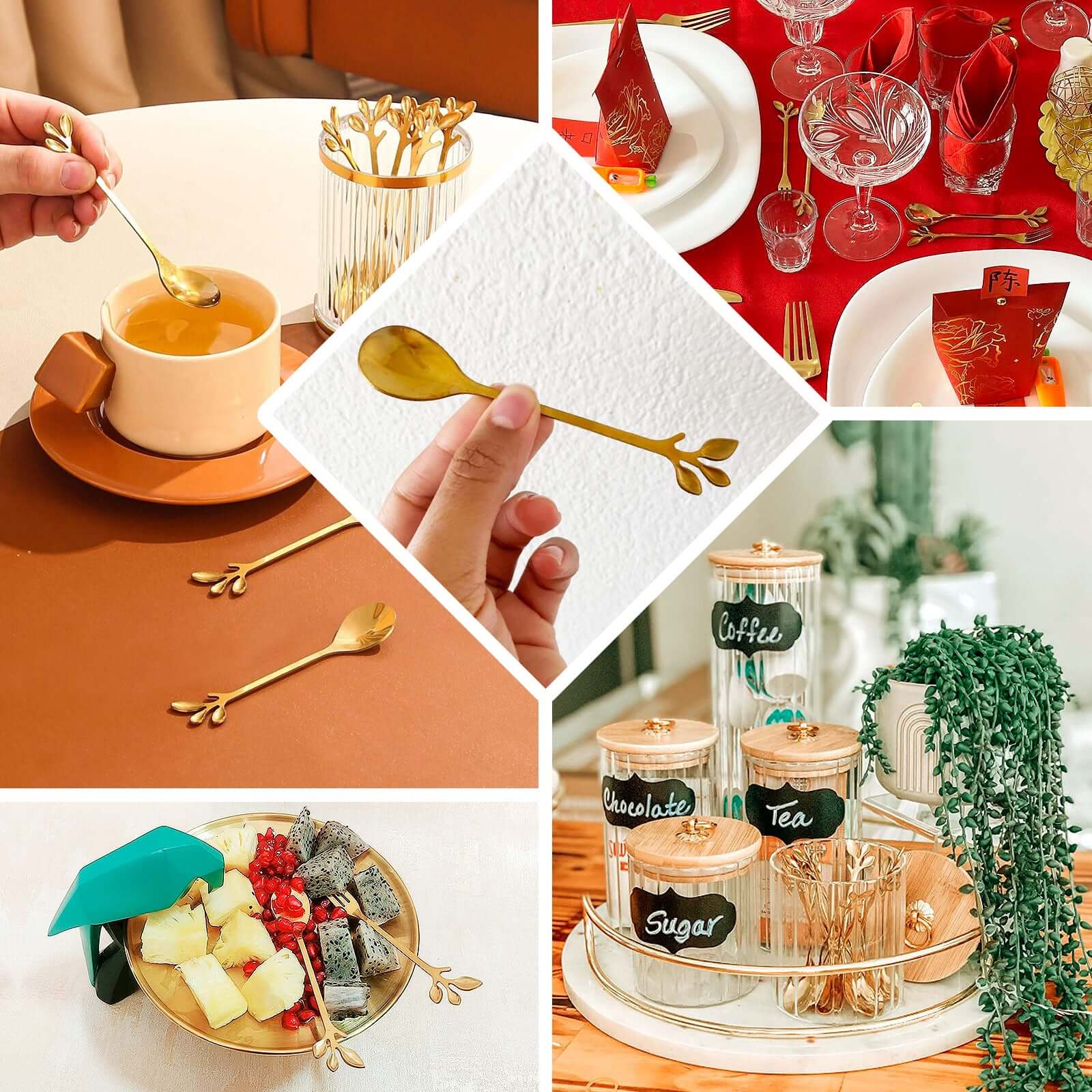 Gold Metal Spoon & Fork Pre - Packed Wedding Party Favors Set With Leaf Shaped Handle, Bridal Shower Souvenir Gift Box - 5" - Bell Racket Store