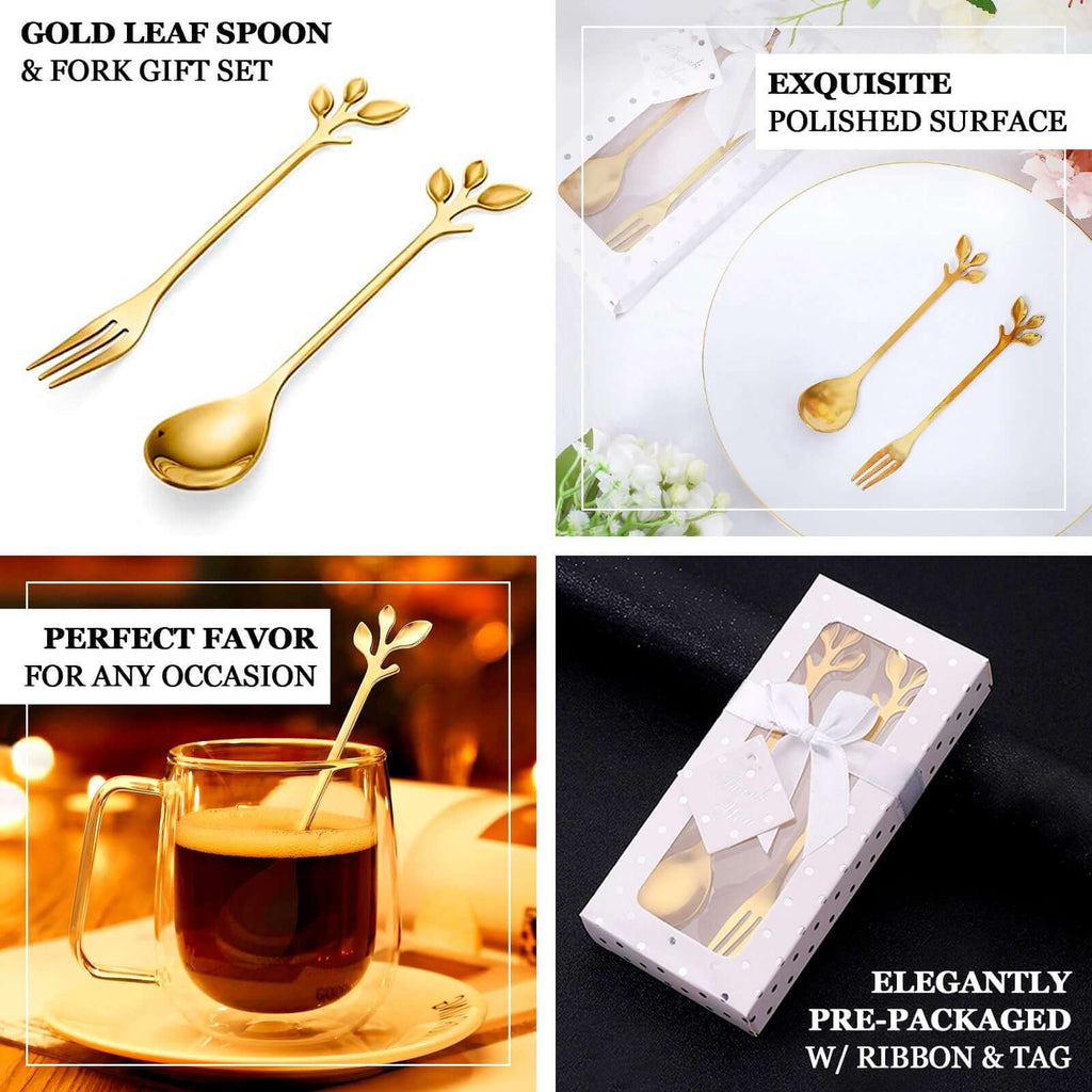 Gold Metal Spoon & Fork Pre - Packed Wedding Party Favors Set With Leaf Shaped Handle, Bridal Shower Souvenir Gift Box - 5" - Bell Racket Store