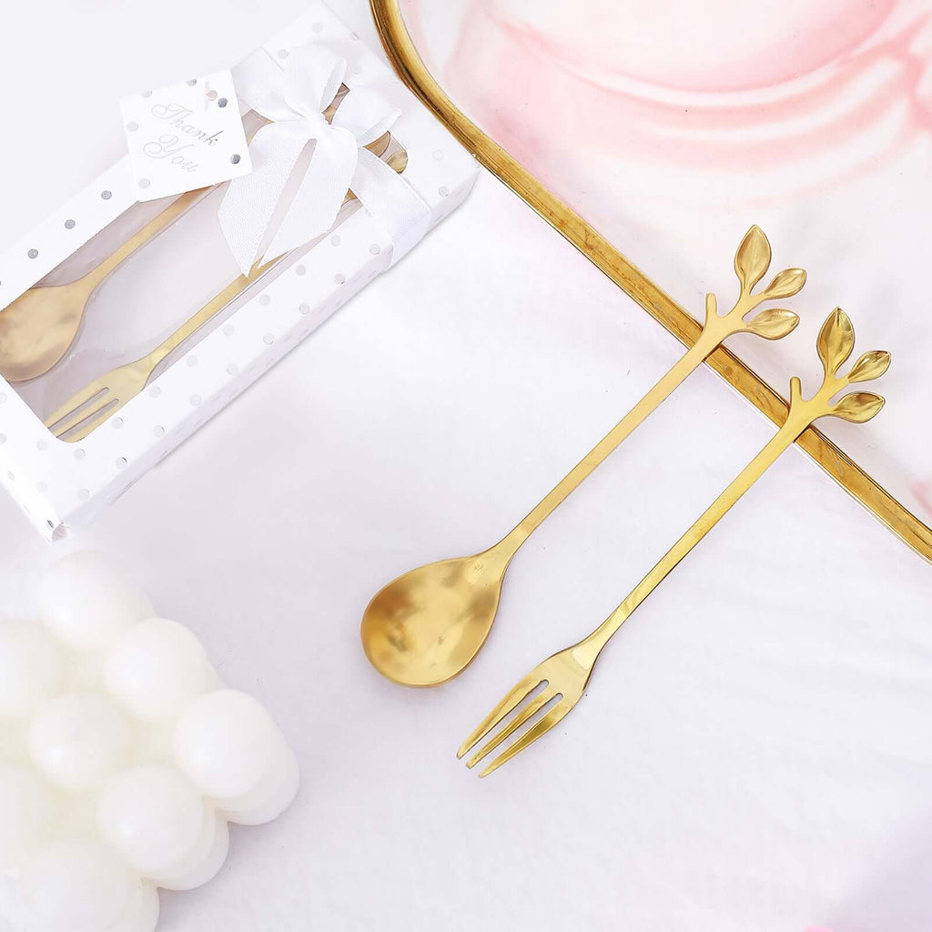 Gold Metal Spoon & Fork Pre - Packed Wedding Party Favors Set With Leaf Shaped Handle, Bridal Shower Souvenir Gift Box - 5" - Bell Racket Store