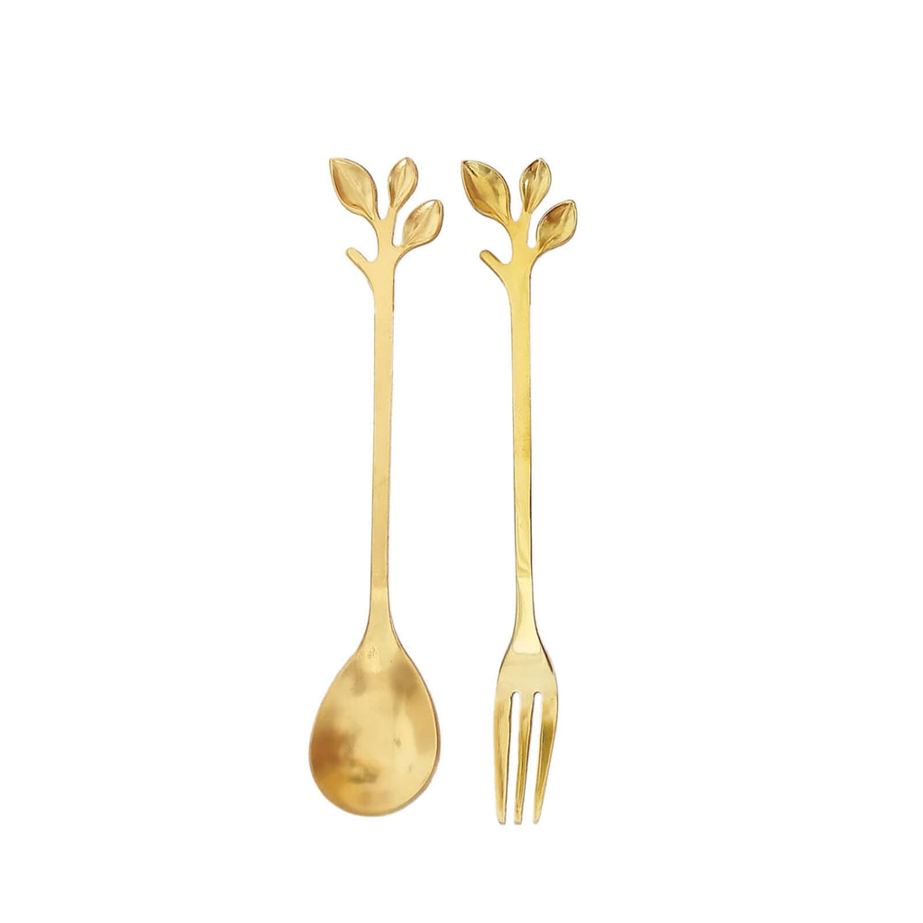 Gold Metal Spoon & Fork Pre - Packed Wedding Party Favors Set With Leaf Shaped Handle, Bridal Shower Souvenir Gift Box - 5" - Bell Racket Store