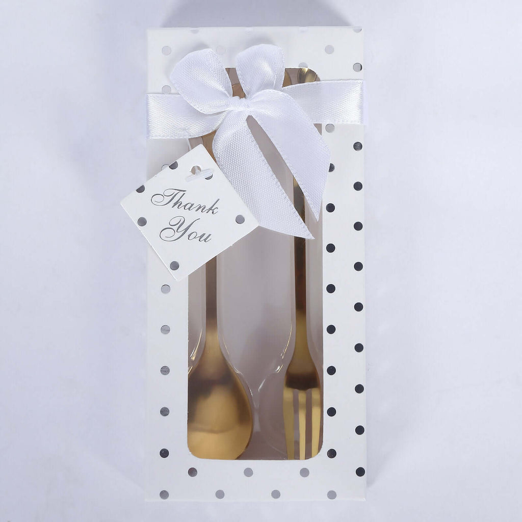 Gold Metal Spoon & Fork Pre - Packed Wedding Party Favors Set With Leaf Shaped Handle, Bridal Shower Souvenir Gift Box - 5" - Bell Racket Store