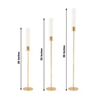 Gold Metal Taper Candle Holders with Hurricane Glass Shades, Set of 3 â€“ Modern Minimalist Candlestick Stands â€“ 28", 32", 36" - Bell Racket Store