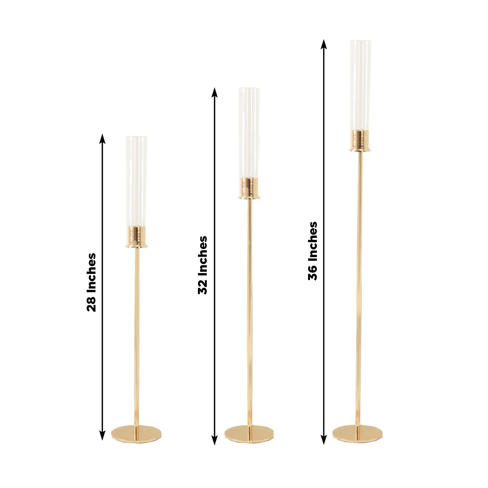 Gold Metal Taper Candle Holders with Hurricane Glass Shades, Set of 3 â€“ Modern Minimalist Candlestick Stands â€“ 28", 32", 36" - Bell Racket Store