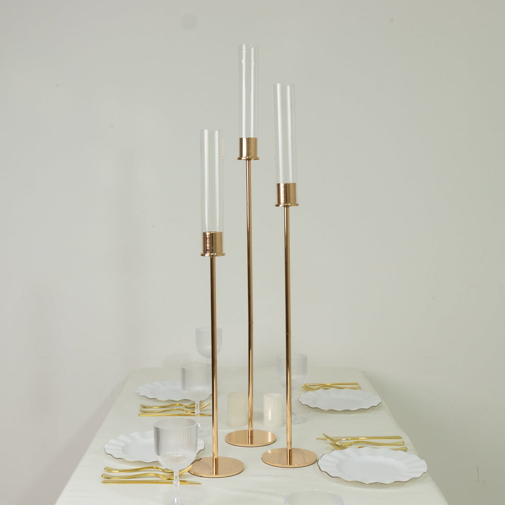 Gold Metal Taper Candle Holders with Hurricane Glass Shades, Set of 3 â€“ Modern Minimalist Candlestick Stands â€“ 28", 32", 36" - Bell Racket Store