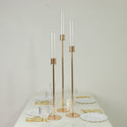 Gold Metal Taper Candle Holders with Hurricane Glass Shades, Set of 3 â€“ Modern Minimalist Candlestick Stands â€“ 28", 32", 36" - Bell Racket Store