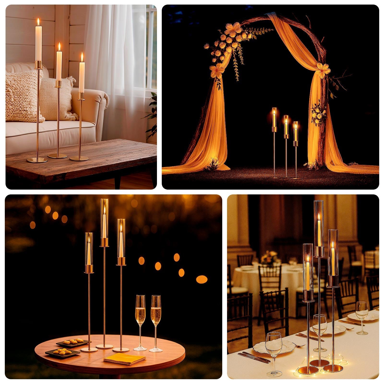 Gold Metal Taper Candle Holders with Hurricane Glass Shades, Set of 3 â€“ Modern Minimalist Candlestick Stands â€“ 28", 32", 36" - Bell Racket Store