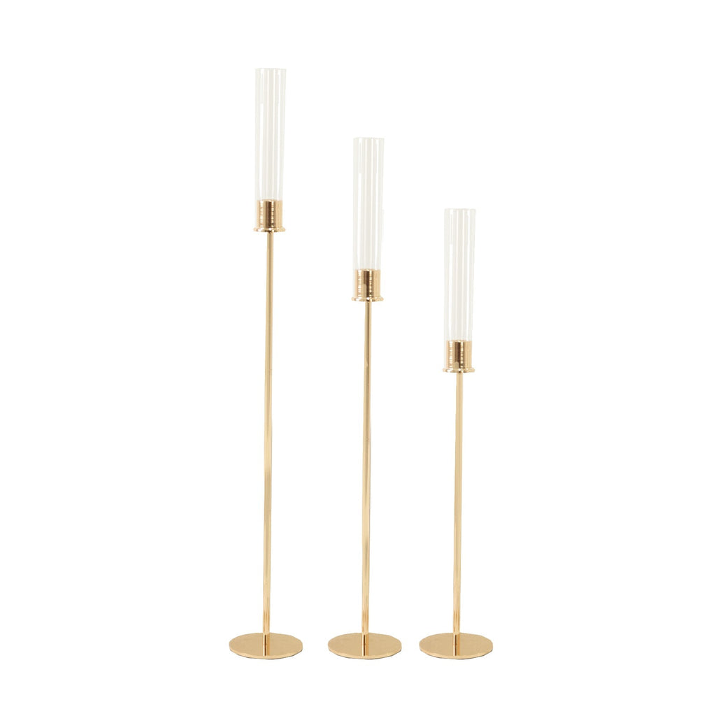 Gold Metal Taper Candle Holders with Hurricane Glass Shades, Set of 3 â€“ Modern Minimalist Candlestick Stands â€“ 28", 32", 36" - Bell Racket Store