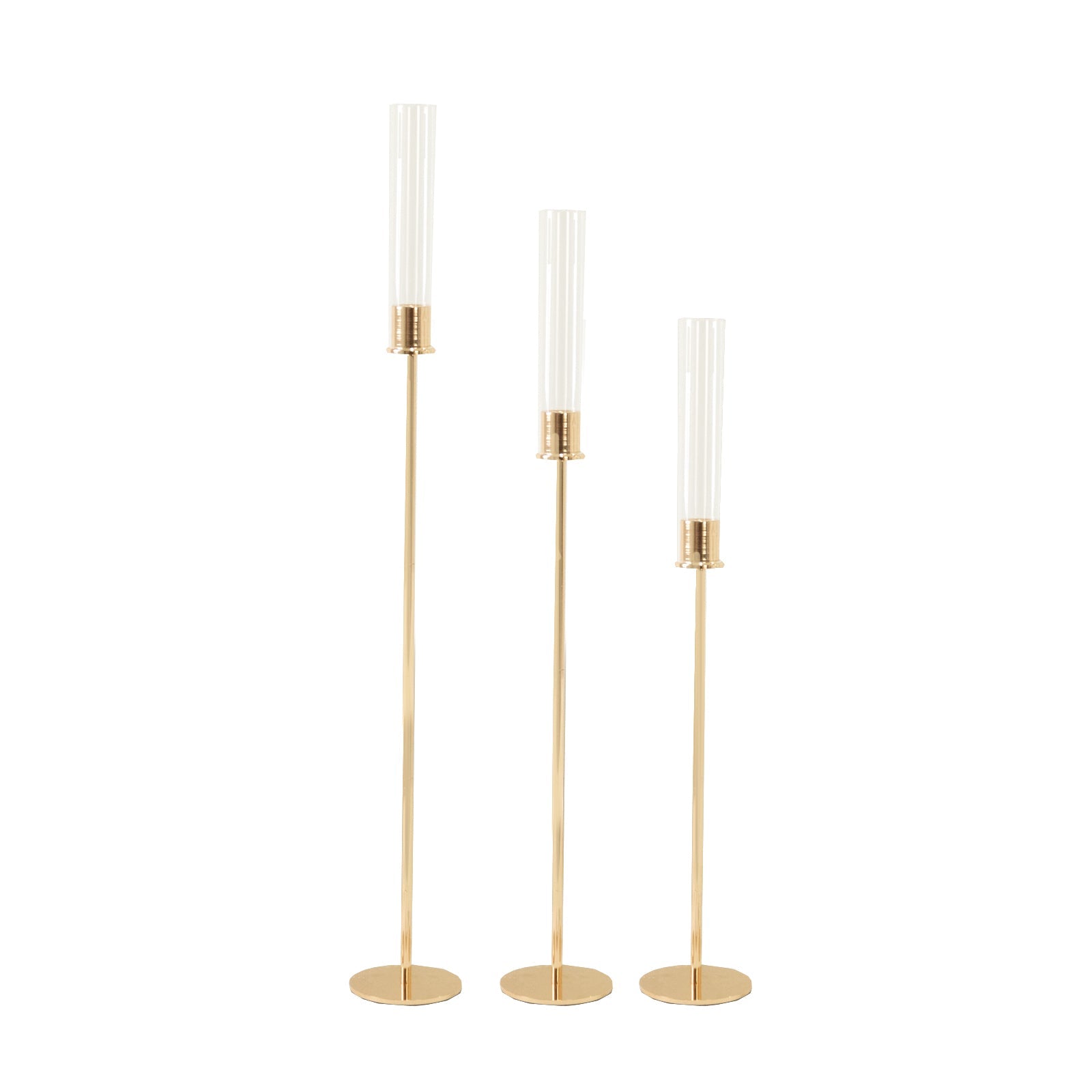 Gold Metal Taper Candle Holders with Hurricane Glass Shades, Set of 3 â€“ Modern Minimalist Candlestick Stands â€“ 28", 32", 36" - Bell Racket Store