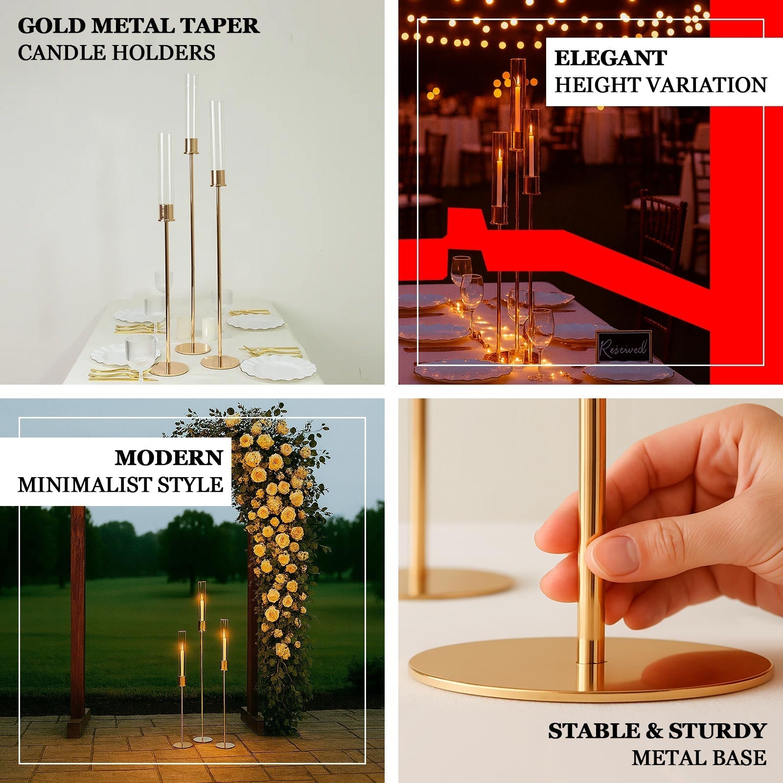 Gold Metal Taper Candle Holders with Hurricane Glass Shades, Set of 3 â€“ Modern Minimalist Candlestick Stands â€“ 28", 32", 36" - Bell Racket Store