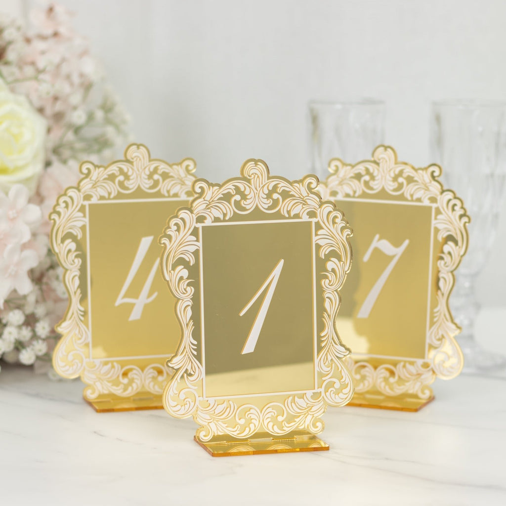 Gold Mirror Arch Acrylic Table Numbers (1 - 10) - 5"x7" Wedding Reception Signs with Baroque Lace Border, White Print & Stands - Bell Racket Store