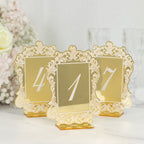 Gold Mirror Arch Acrylic Table Numbers (1 - 10) - 5"x7" Wedding Reception Signs with Baroque Lace Border, White Print & Stands - Bell Racket Store