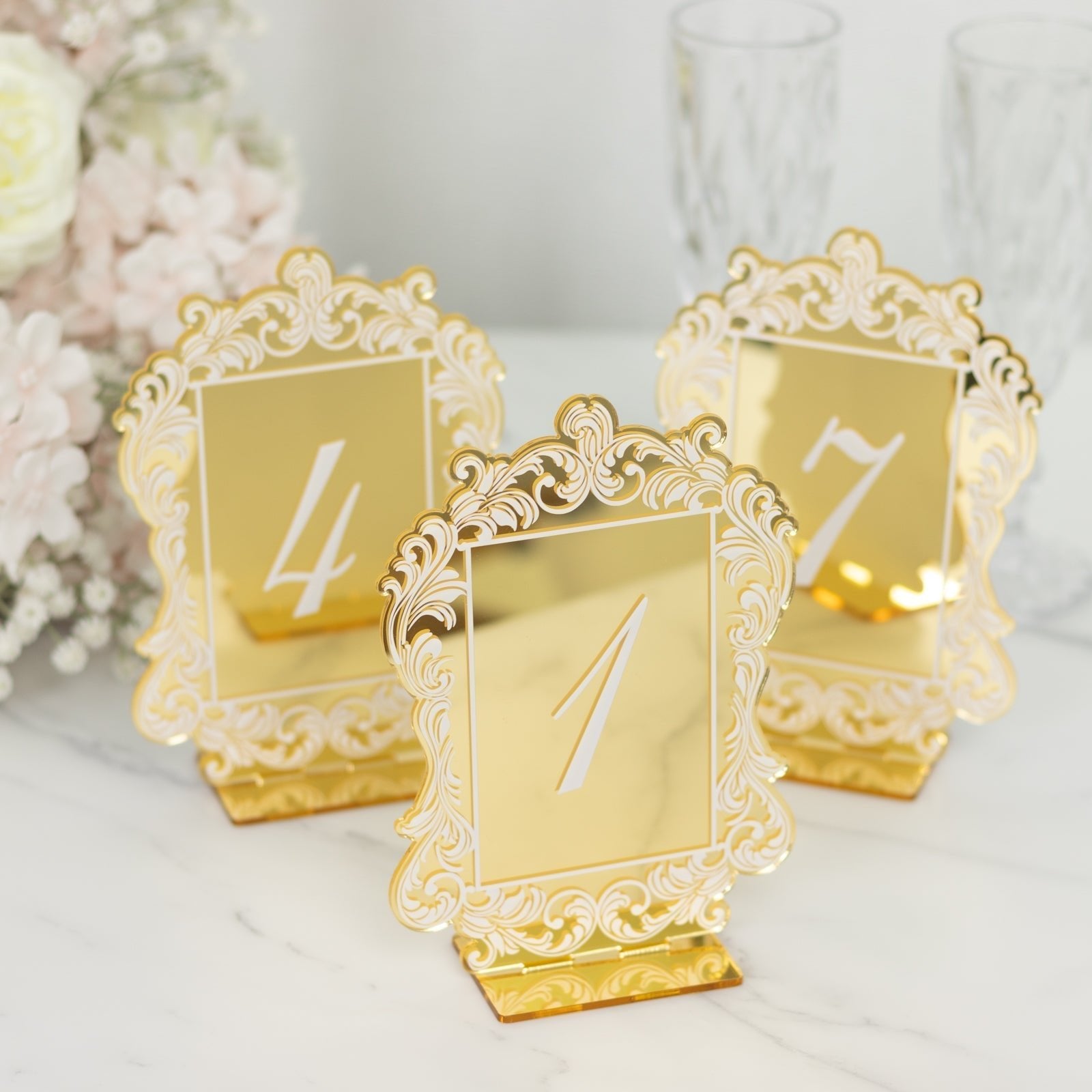 Gold Mirror Arch Acrylic Table Numbers (1 - 10) - 5"x7" Wedding Reception Signs with Baroque Lace Border, White Print & Stands - Bell Racket Store