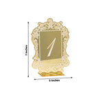 Gold Mirror Arch Acrylic Table Numbers (1 - 10) - 5"x7" Wedding Reception Signs with Baroque Lace Border, White Print & Stands - Bell Racket Store