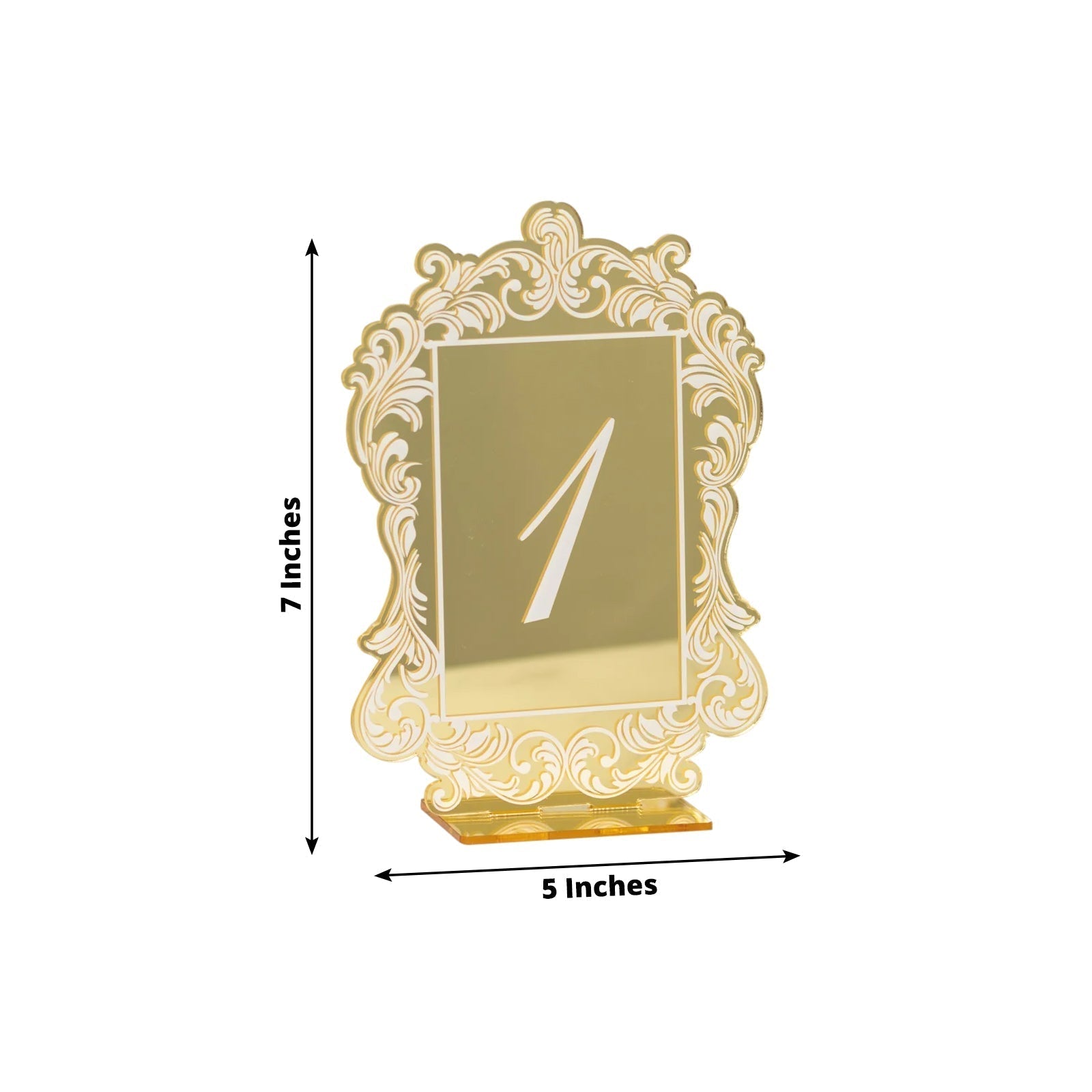 Gold Mirror Arch Acrylic Table Numbers (1 - 10) - 5"x7" Wedding Reception Signs with Baroque Lace Border, White Print & Stands - Bell Racket Store
