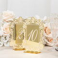 Gold Mirror Arch Acrylic Table Numbers (1 - 10) - 5"x7" Wedding Reception Signs with Baroque Lace Border, White Print & Stands - Bell Racket Store