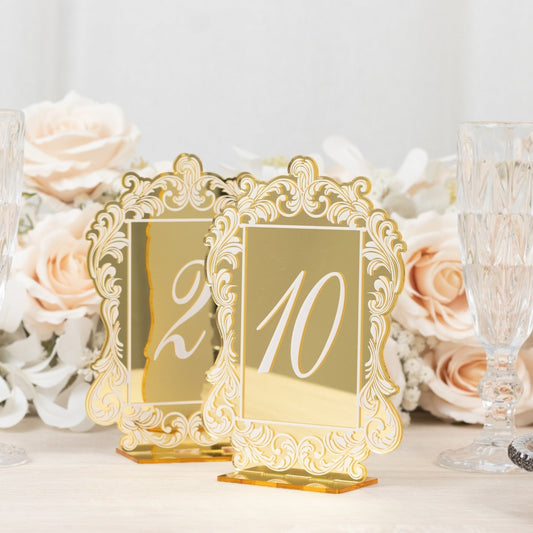 Gold Mirror Arch Acrylic Table Numbers (1 - 10) - 5"x7" Wedding Reception Signs with Baroque Lace Border, White Print & Stands - Bell Racket Store