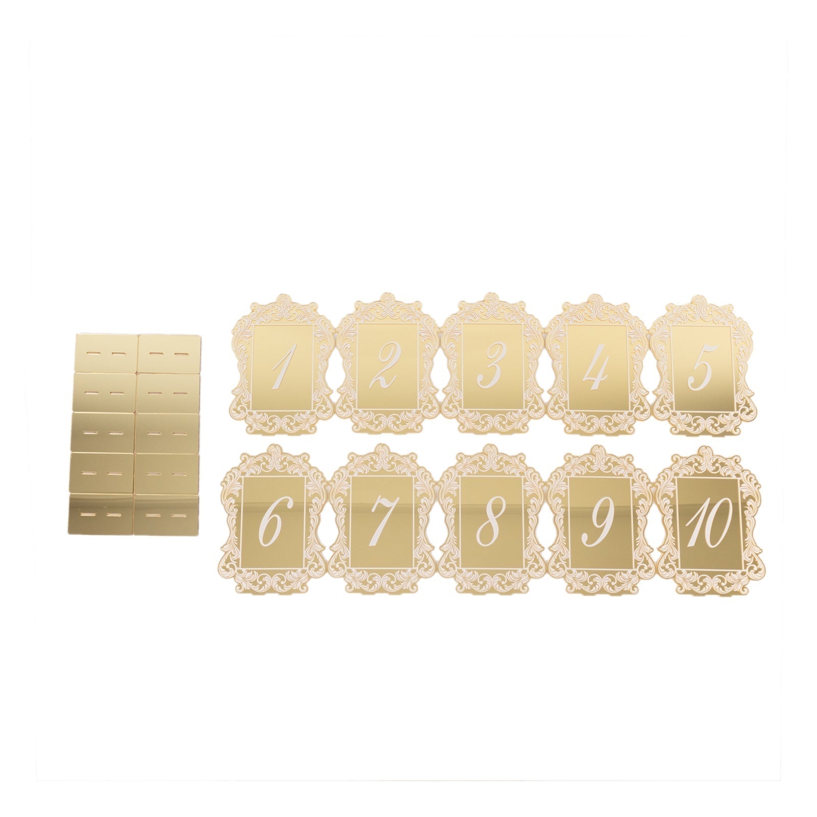 Gold Mirror Arch Acrylic Table Numbers (1 - 10) - 5"x7" Wedding Reception Signs with Baroque Lace Border, White Print & Stands - Bell Racket Store