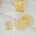 Gold Mirror Arch Acrylic Table Numbers (1 - 10) - 5"x7" Wedding Reception Signs with Baroque Lace Border, White Print & Stands - Bell Racket Store